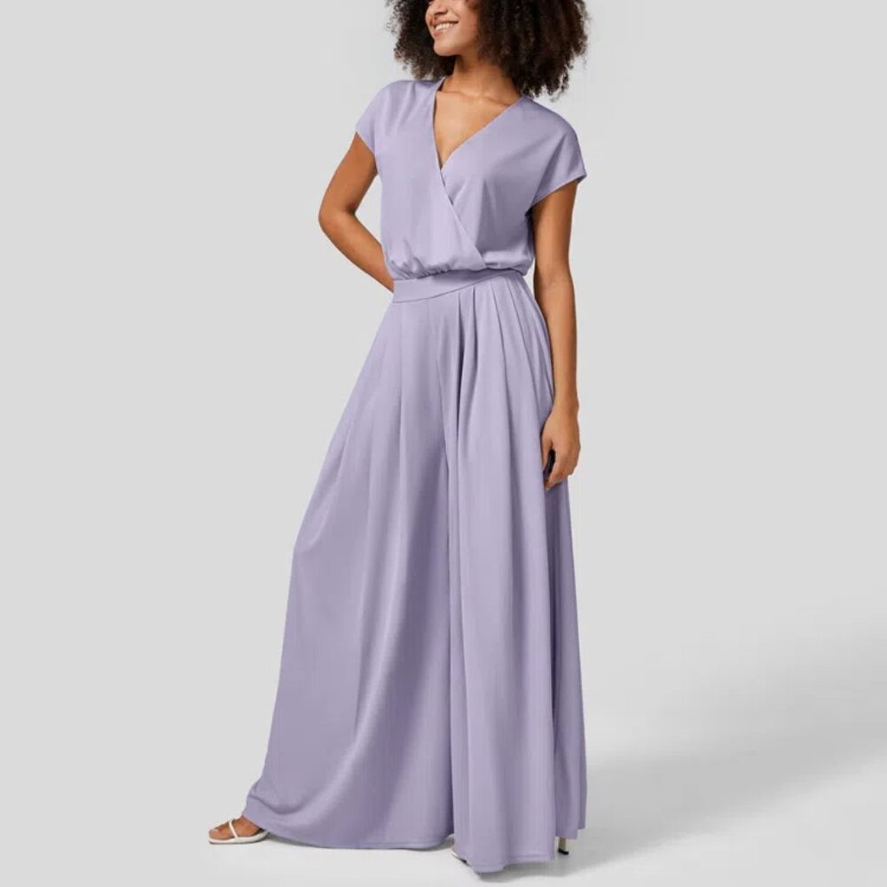 Halara V Neck Short Sleeve Plicated Side Pocket Wide Leg Jumpsuit